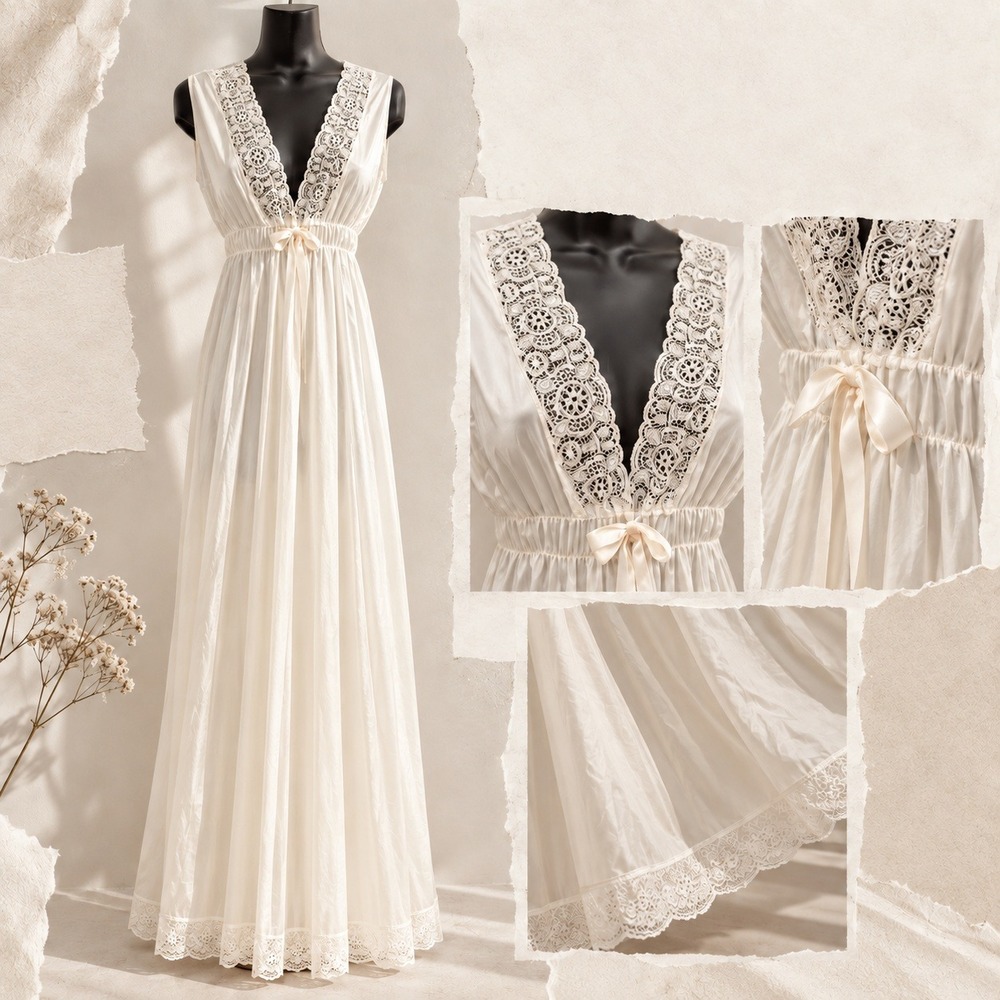Miss Elaine 80s VTG Slip Dress Nightgown Lace Empire Waist Bridal Cream White